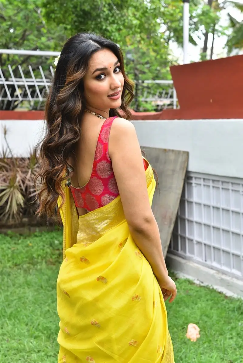 Akanksha Sharma Yellow Saree Red Sleeveless Blouse